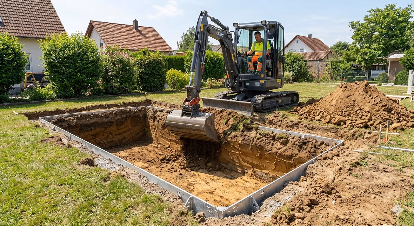 Grauer Bagger hebt einen Pool aus