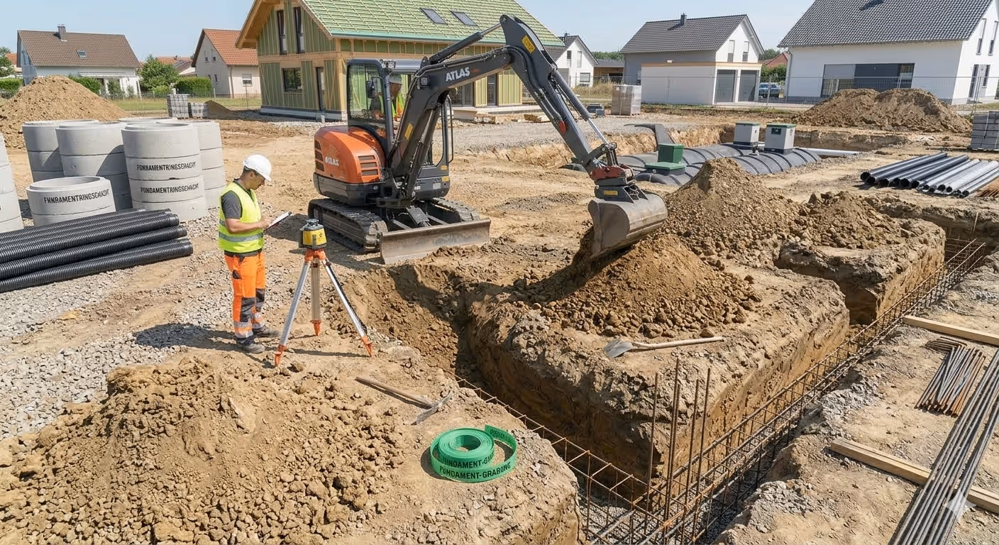 Ein Bagger gräbt Fundamente