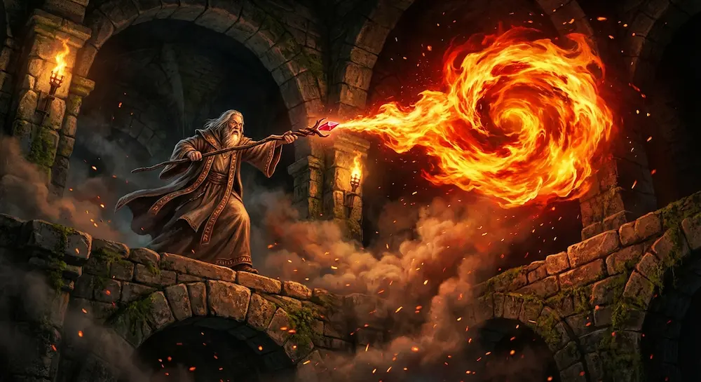 Un magicien qui lance une boule de feu