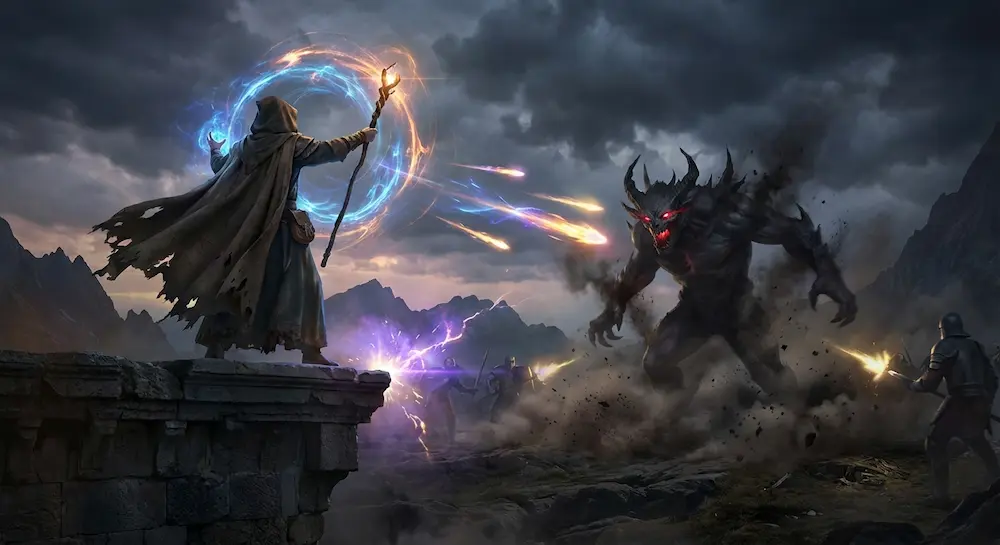 Un magicien combat un monstre.