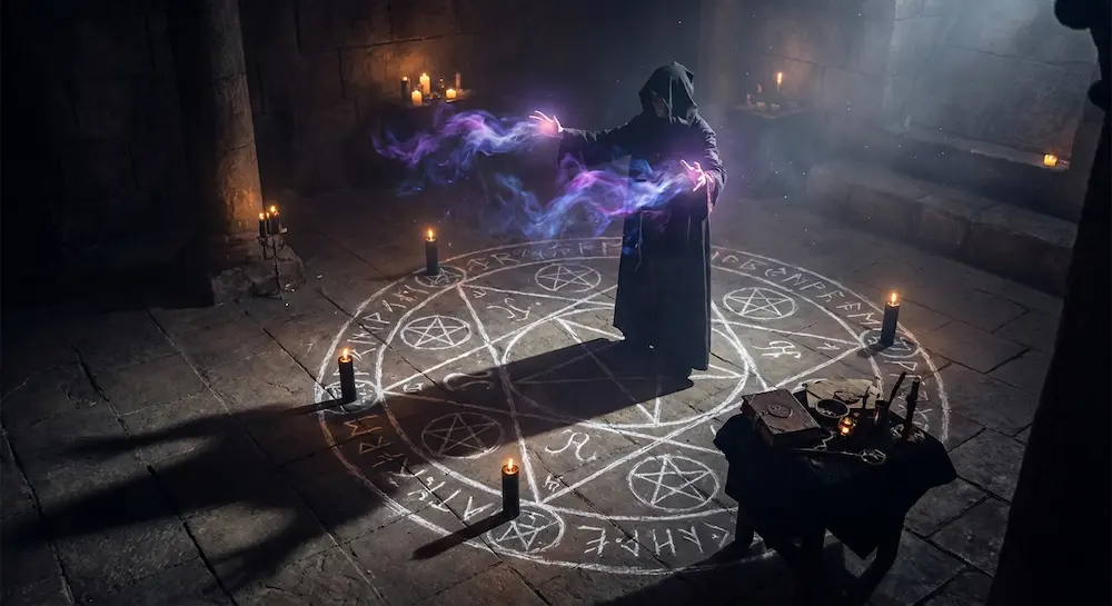 Sorcier en robe noire dans un cercle d'incantation.  