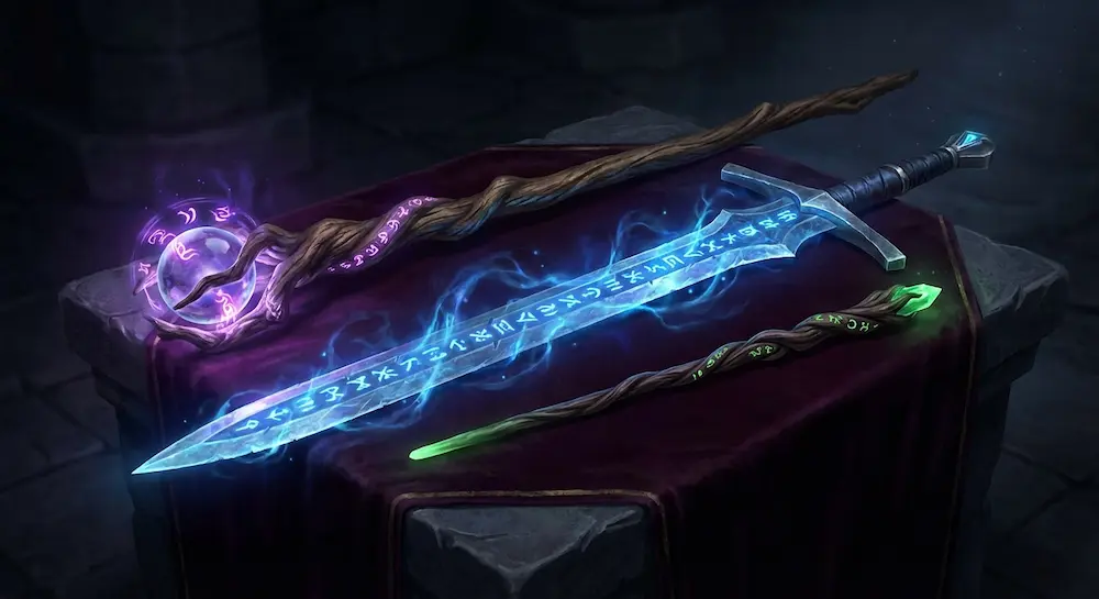 Assortiment d'objets magiques sur un autel. 