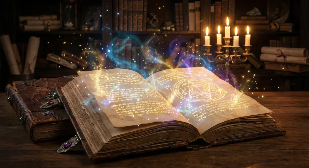 Un grimoire ouvert dans une bibliothèque. 