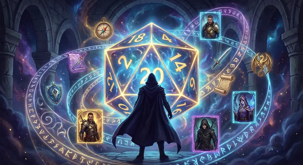 Dé géant entouré d'icônes et de cartes magiques.