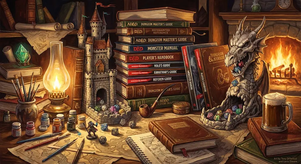 Pile de livres de règles pour jouer  Donjons & Dragons.