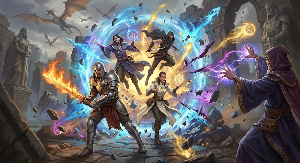 Quatre personnages surgissent d'un portail magique.