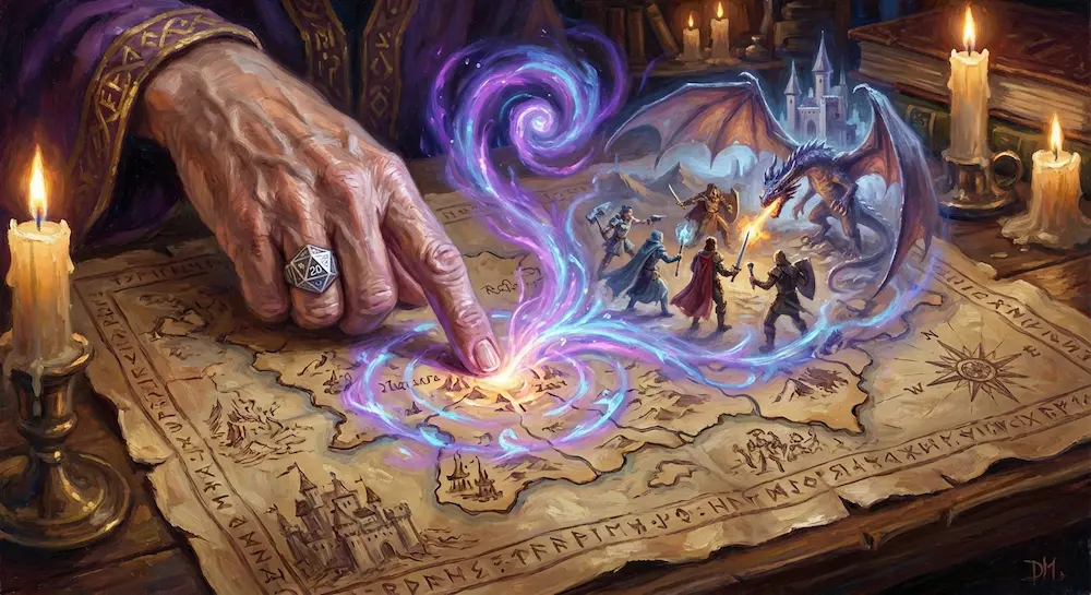 Magicien pointant du doigt une carte magique.