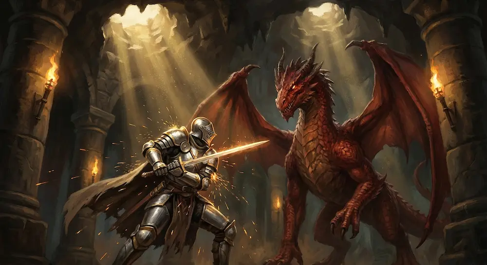 Un chevalier en armure qui combat un dragon.