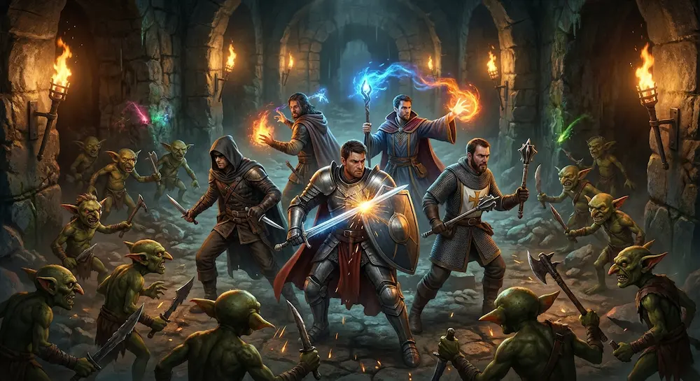 Cinq chevaliers face à des gobelins armés.