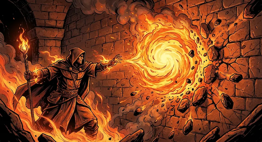 Boule de feu brisant un mur en pierres.