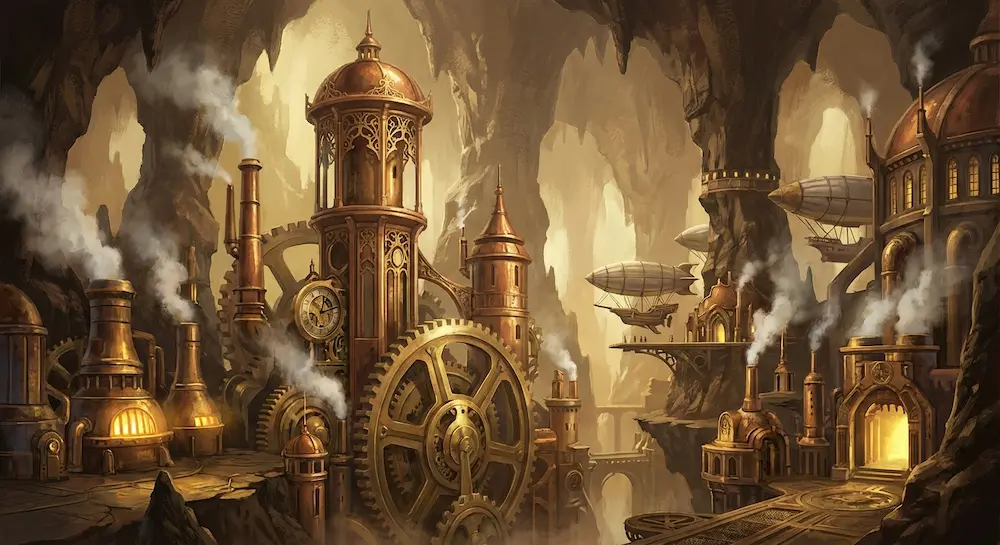 Ville souterraine avec mécanismes d'horlogerie géants, zeppelins et usines à vapeur.