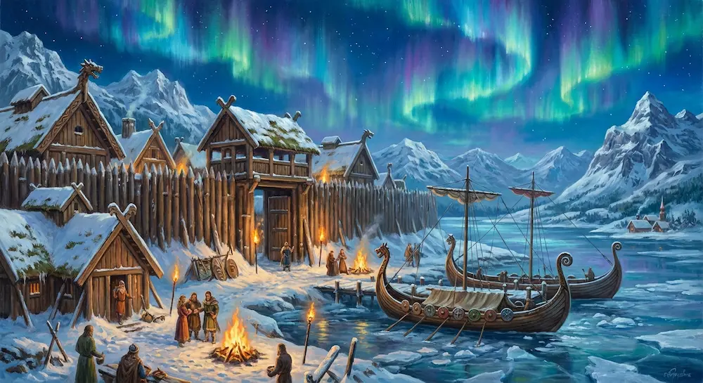 Village nordique enneigé avec drakkars amarrés, palissade en bois et aurore boréale.