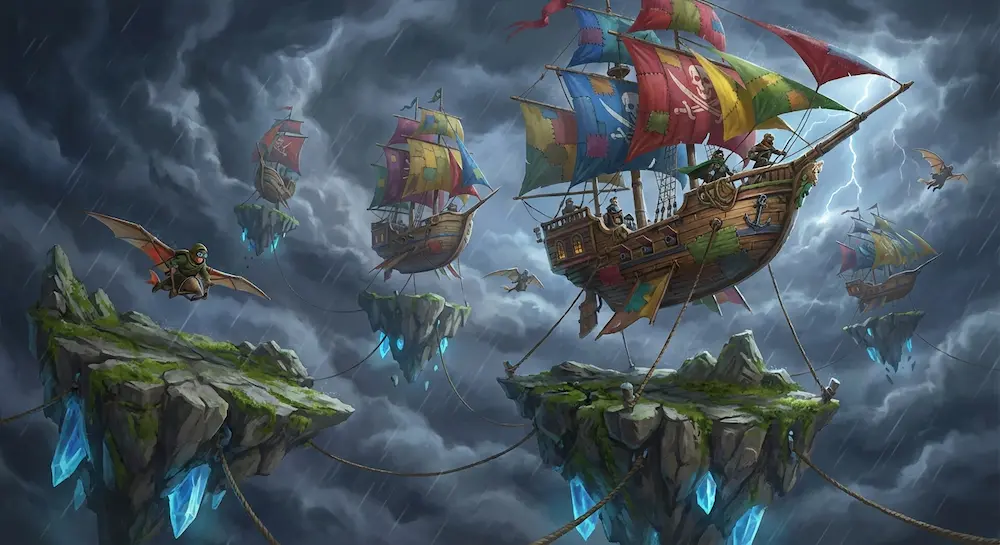 Bateaux volants naviguant entre des îles flottantes sous un ciel oragé.