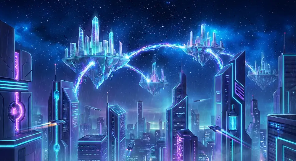 Ville urbaine futuriste de gratte-ciel illuminés dans un ciel étoilé.