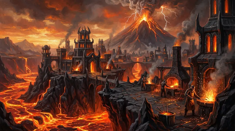 Forgerons au travail au-dessus d'un volcan en éruption.