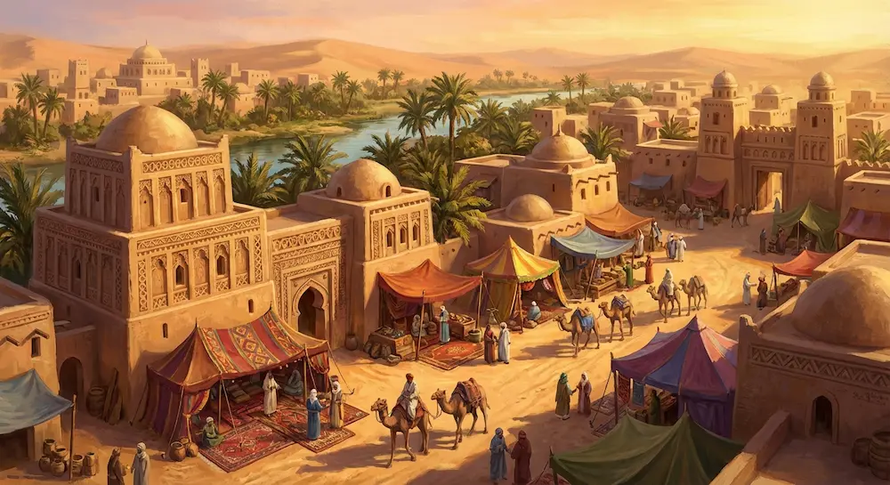 Marchands dans un oasis en plein désert.