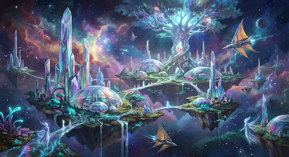 Cité onirique sur des îles flottantes sous sous une nébuleuse cosmique étoilée.