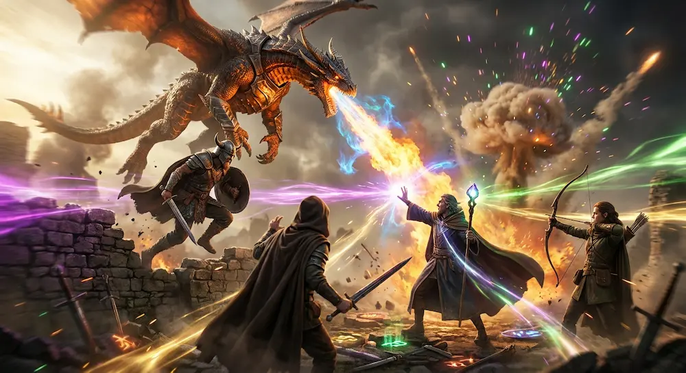 Scène de combat entre un groupe d'aventuriers et un dragon cracheur de feu au milieu de ruines.