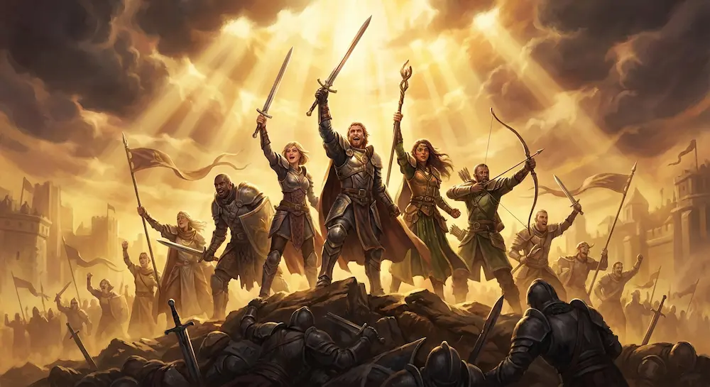 Groupe d'aventuriers célébrant leur victoire au sommet d'un champ de bataille.