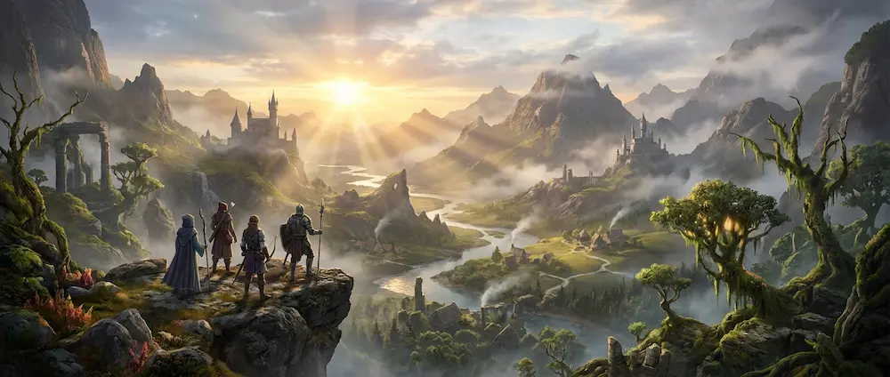 Paysage de lever du soleil montrant un groupe d'aventuriers contemplant une vallée brumeuse.