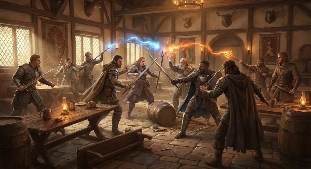 Bagarre générale dans une auberge médiévale avec des guerriers et des mages.