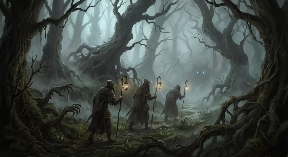 Trois voyageurs encapuchonnés tenant des lanternes progressant avec prudence dans une forêt sombre et inquiétante.
