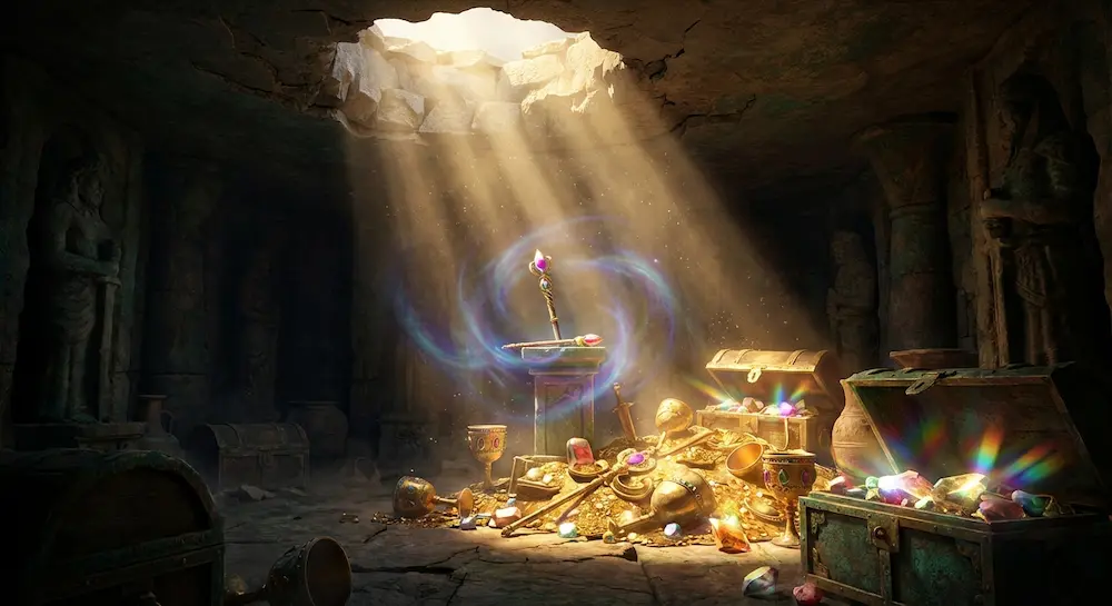 Intérieur d'une crypte antique révélant un trésor légendaire composé de pièces d'or, de coffres et d'artefacts magiques baignés par un puits de lumière.