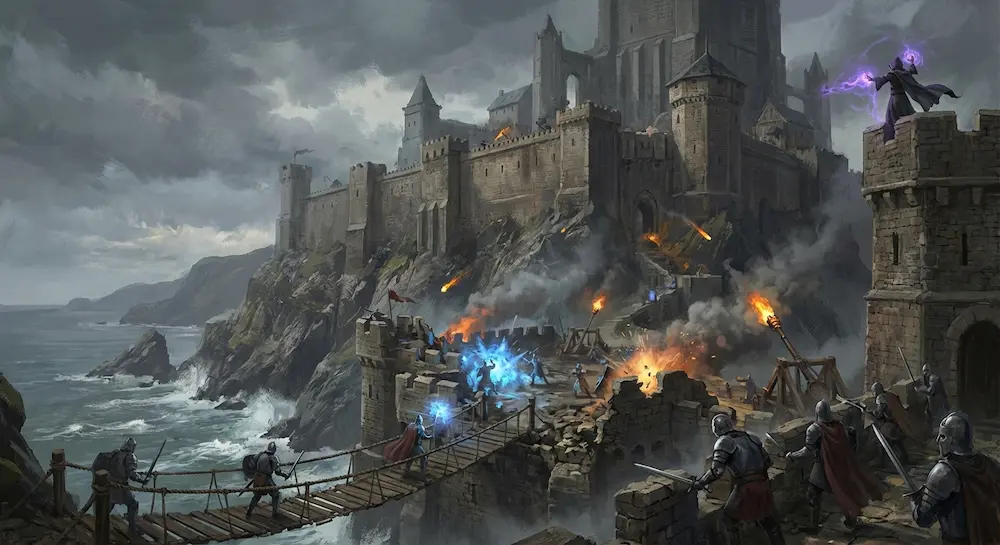 Scène de siège médiéval montrant une armée de chevaliers et de mages attaquant une immense forteresse côtière sous un ciel orageux.