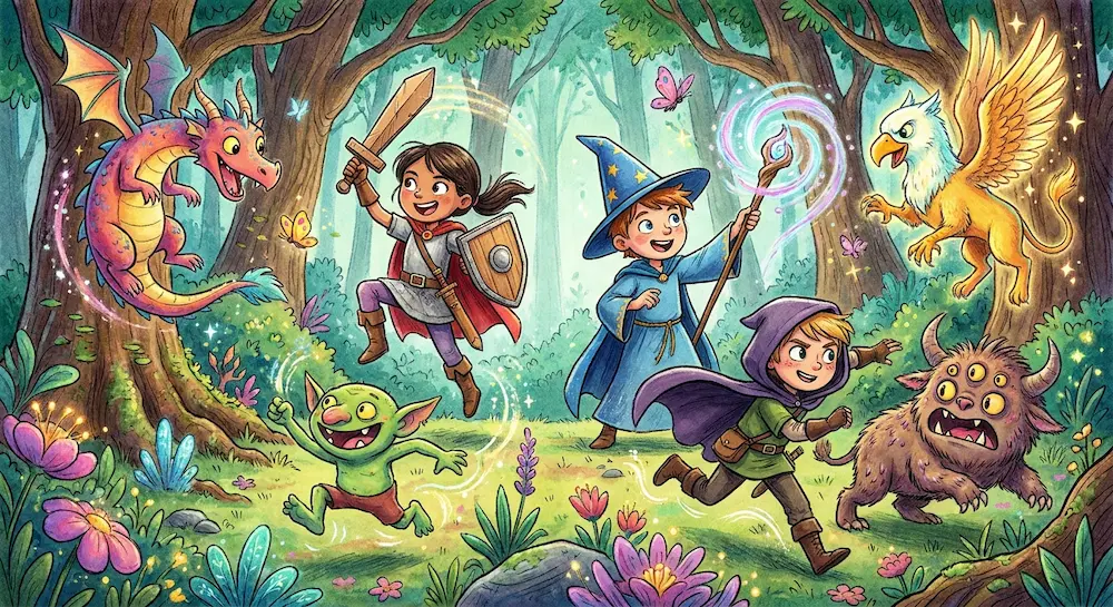 Illustration colorée d'un groupe d'enfants déguisés en héros de fantaisie (guerrière, mage, voleur) affrontant des créatures mythiques dans une forêt enchantée.