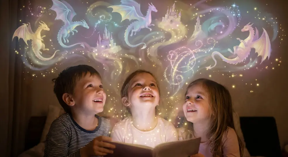 Trois jeunes enfants émerveillés regardent un livre ouvert d'où s'échappent des volutes magiques formant des dragons et des châteaux scintillants.