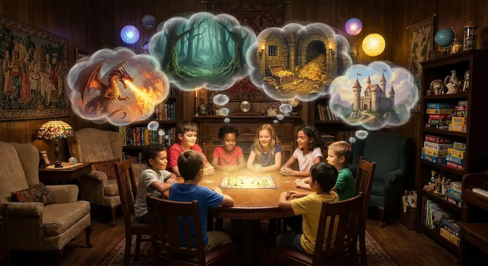 Un groupe d'enfants assis autour d'une table ronde imagine des scènes de quête (dragon, forêt, trésor, château) représentées dans des bulles de pensée au-dessus d'eux.