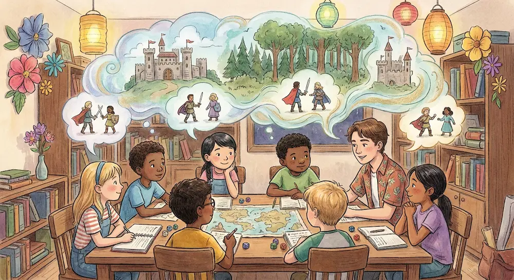 PlUn adulte initie des enfants au jeu de rôle autour d'une table, leurs imaginations projetant des scènes de duel et d'aventure médiévale.