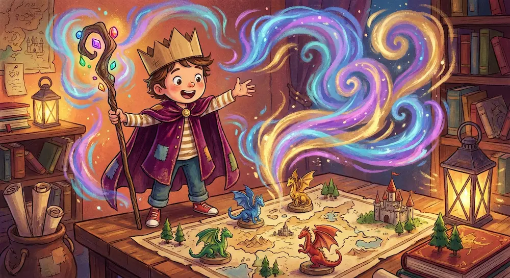 Un jeune garçon portant une couronne et une cape brandit un bâton magique au-dessus d'une carte parsemée de figurines de dragons et de châteaux.