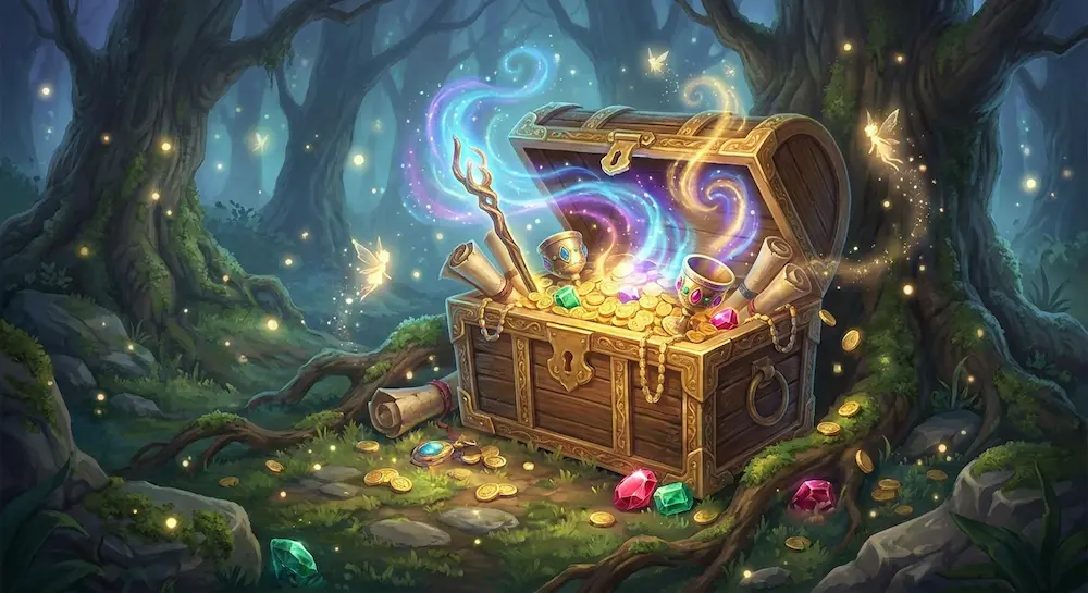 Un coffre au trésor débordant d'or, de gemmes et d'objets magiques scintille au cœur d'une forêt mystérieuse habitée par de petites fées.