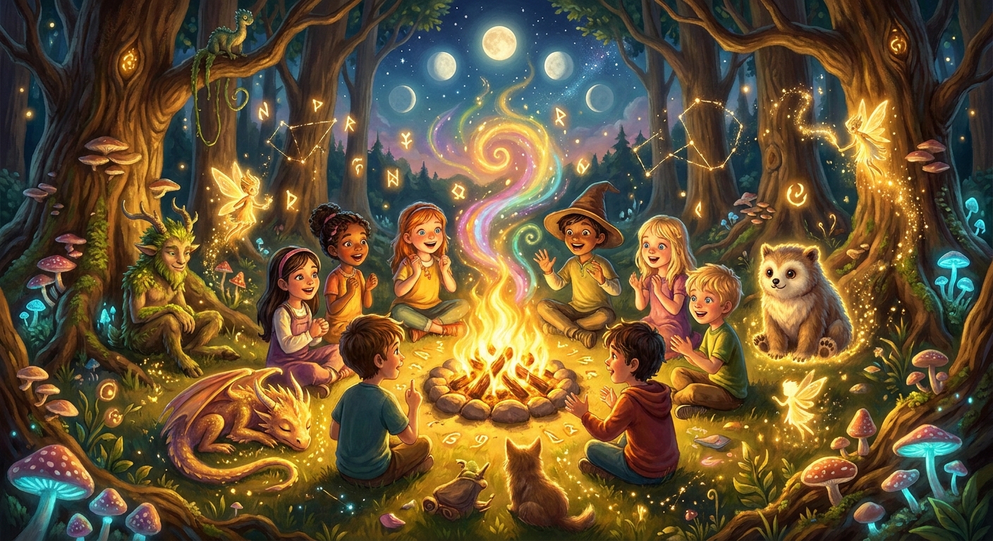 Des enfants et des créatures fantastiques sont réunis autour d'un feu de camp magique dans une forêt nocturne parsemée de symboles lumineux et de fées.