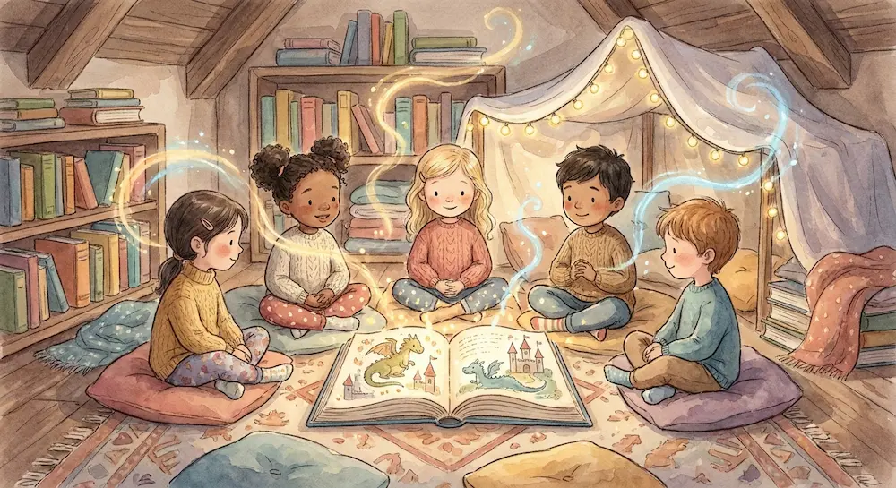 Cinq jeunes enfants sont assis en cercle dans un grenier confortable, écoutant une histoire magique qui s'échappe d'un grand livre ouvert.