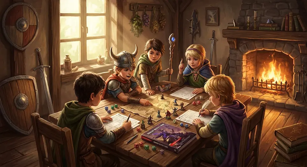 Un groupe d'enfants costumés en héros de fantasy étudie une carte tactique sur une table en bois dans une taverne chaleureuse.
