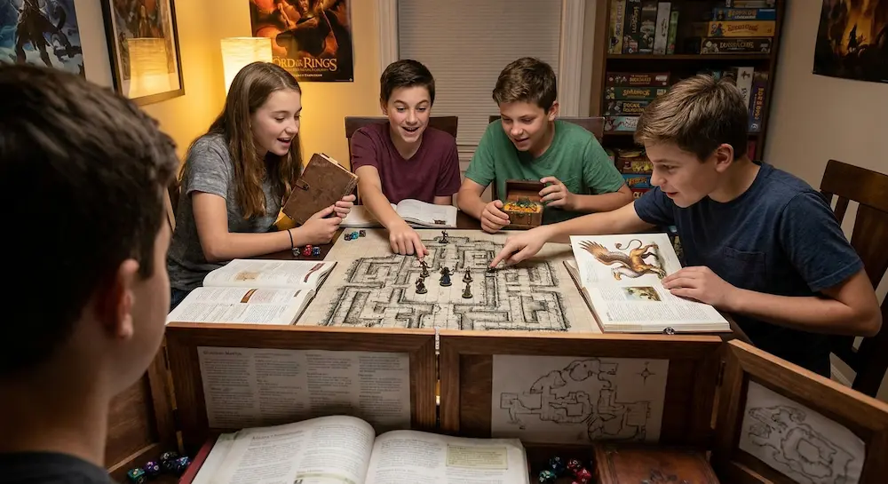 Des adolescents passionnés jouent à une partie de jeu de rôle complexe avec un écran de maître du jeu, des manuels et des plans détaillés.