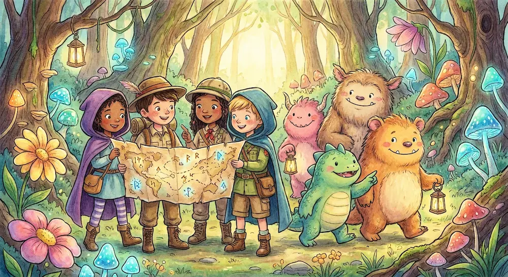 Quatre petits explorateurs et leurs amis monstres mignons consultent une carte magique au cœur d'une forêt enchantée parsemée de champignons lumineux.