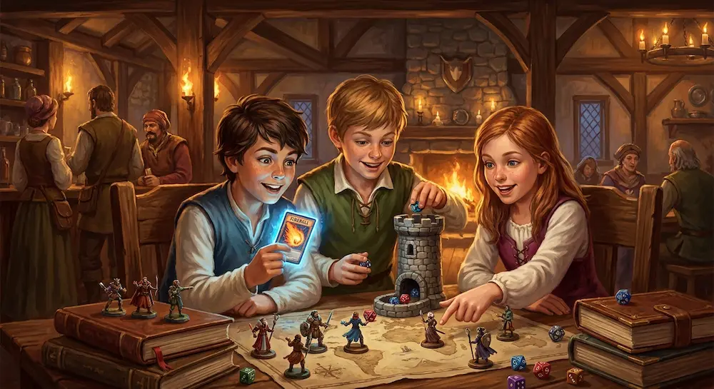 Trois enfants s'amusent avec enthousiasme dans une taverne médiévale autour d'une carte, de figurines et d'une tour à dés, tandis que l'un d'eux brandit une carte de sortilège enflammée.