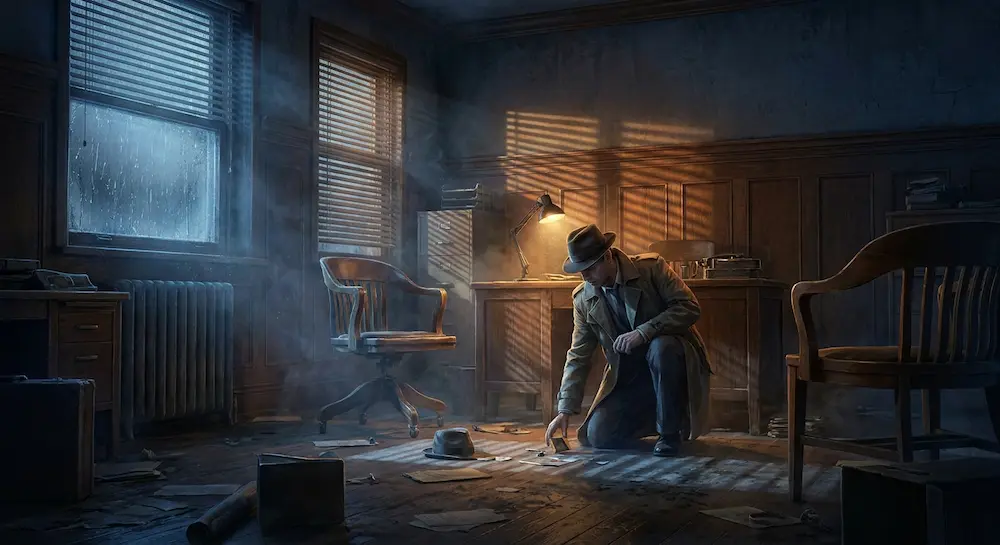 Un détective en trench-coat examine des preuves éparpillées sur le sol d'un bureau sombre et poussiéreux.