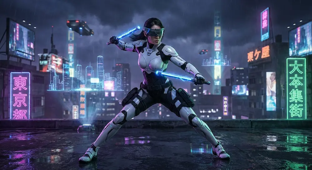 Une guerrière cyberpunk en armure de combat blanche manie des nunchakus lumineux dans une rue pluvieuse de Tokyo.