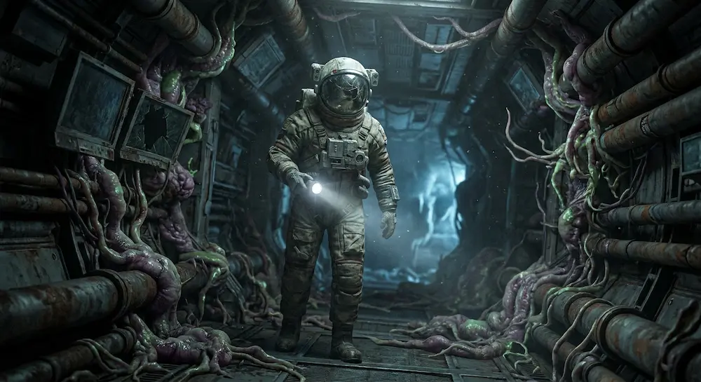 Un astronaute en combinaison spatiale explore un couloir de vaisseau abandonné et envahi par des organismes extraterrestres.