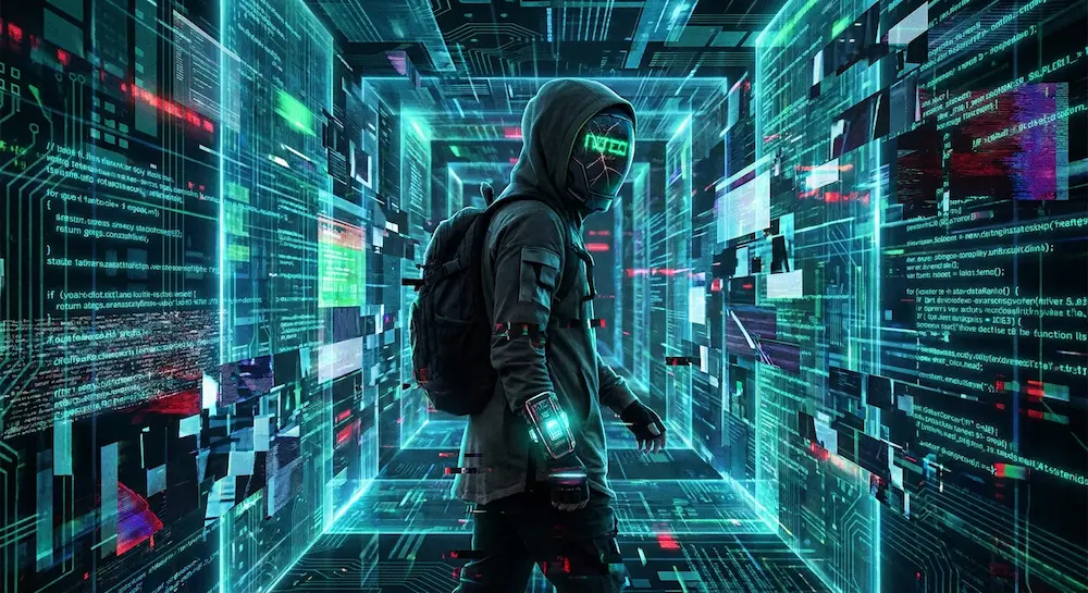 Un hacker portant un masque à écran LED navigue dans un corridor de données virtuelles vert et lumineux.