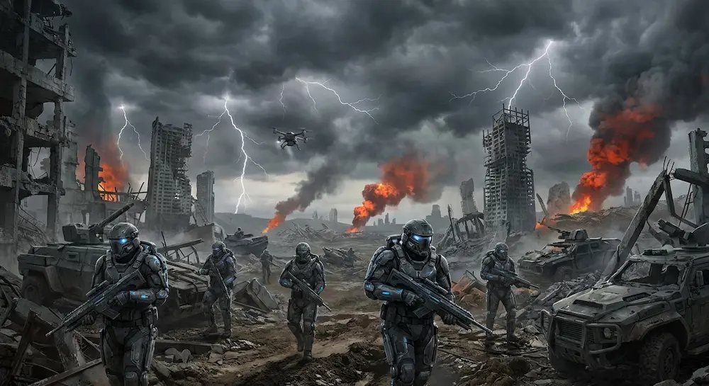 Des soldats futuristes progressent dans un paysage urbain dévasté, ravagé par la guerre et les explosions.