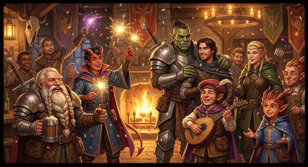 Une joyeuse troupe fantastique célèbre ensemble dans une taverne chaleureuse, entre musique, rires et feux d’artifice.