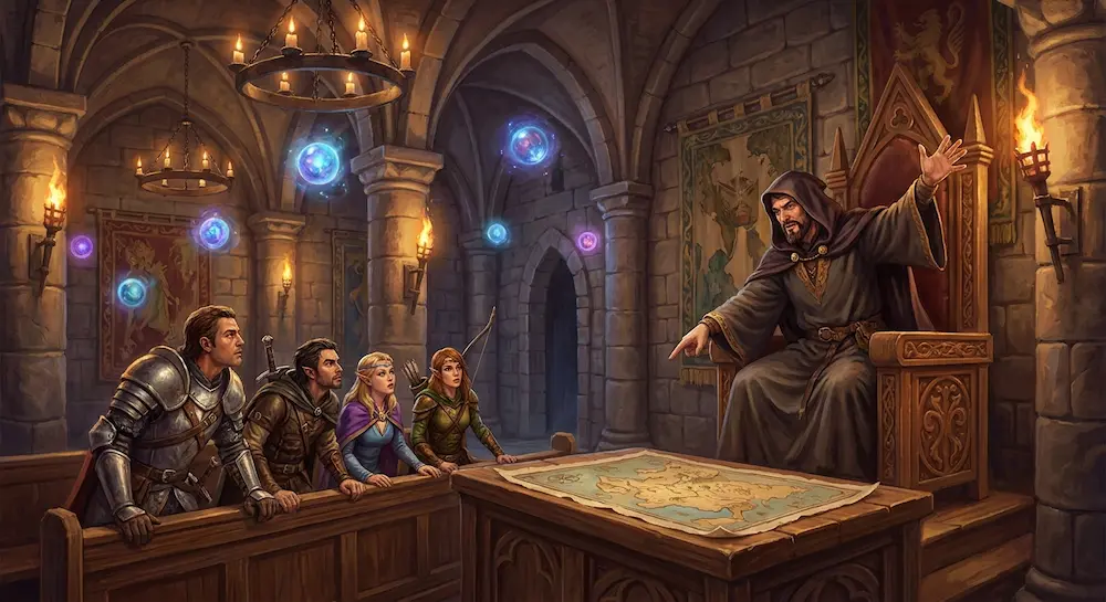 Un groupe d'aventuriers reçoit des instructions d'un mage devant une carte dans une salle de conseil médiévale.