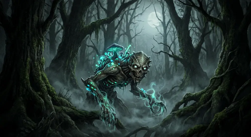 Une créature squelettique bioluminescente rôde dans une forêt sombre et brumeuse sous la pleine lune.