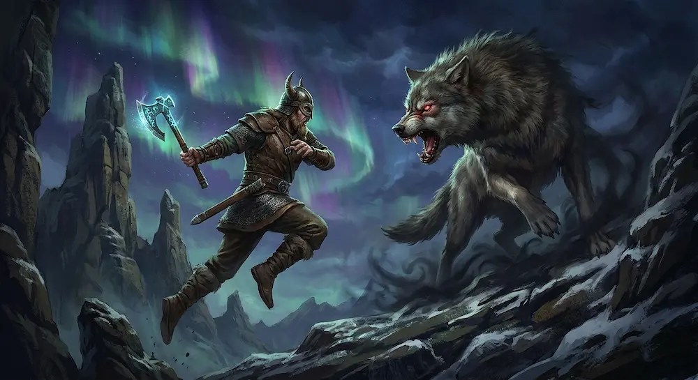 Un guerrier viking affronte un loup géant sous des aurores boréales dans un paysage montagneux enneigé.
