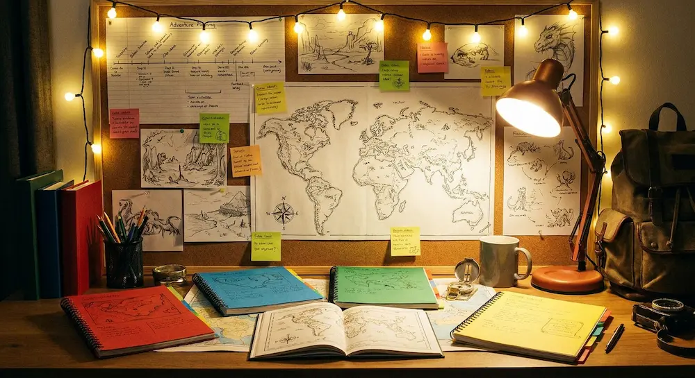 Un bureau de travail organisé pour la planification d'une partie de jeu de rôle avec des cartes, des carnets et un tableau d'affichage.